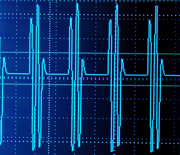 Multiple 1000 hz carrier pulses occur at 100 hz.